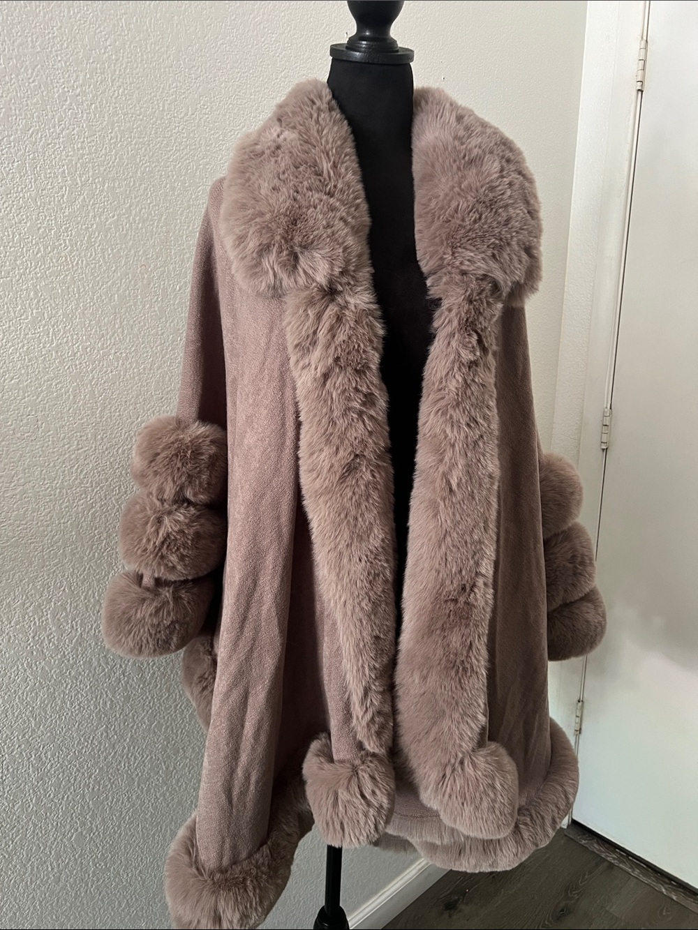 Plush Taupe Faux-Fur Trim Cape
